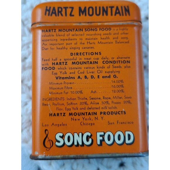 Vintage Hartz Mountain Song Food Tin Orange Canary Bird Seed Can USA - Picture 3 of 9